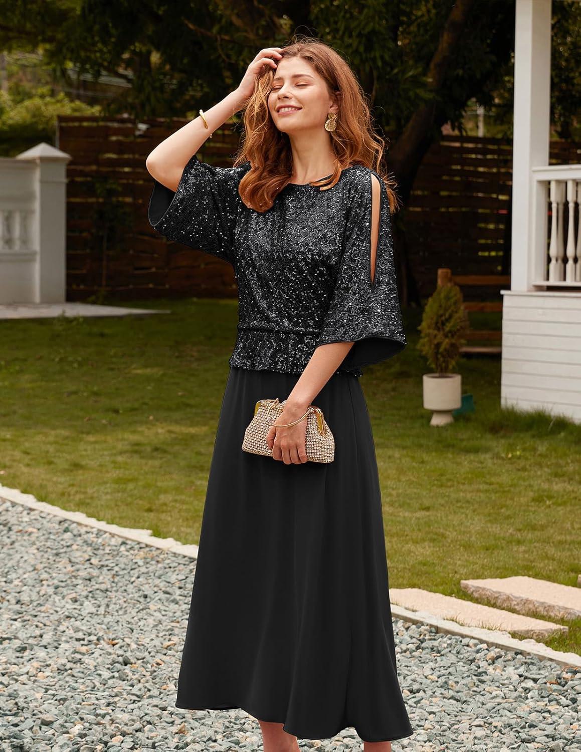 imageGRACE KARIN Mother of Bride Dresses 2025 34 Sleeve Sequin Dress Maxi Elegant Wedding Guest Dress Formal CocktailBlack