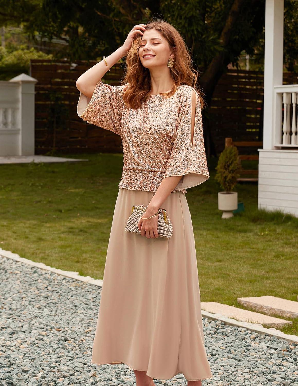 imageGRACE KARIN Mother of Bride Dresses 2025 34 Sleeve Sequin Dress Maxi Elegant Wedding Guest Dress Formal CocktailChampagne Gold