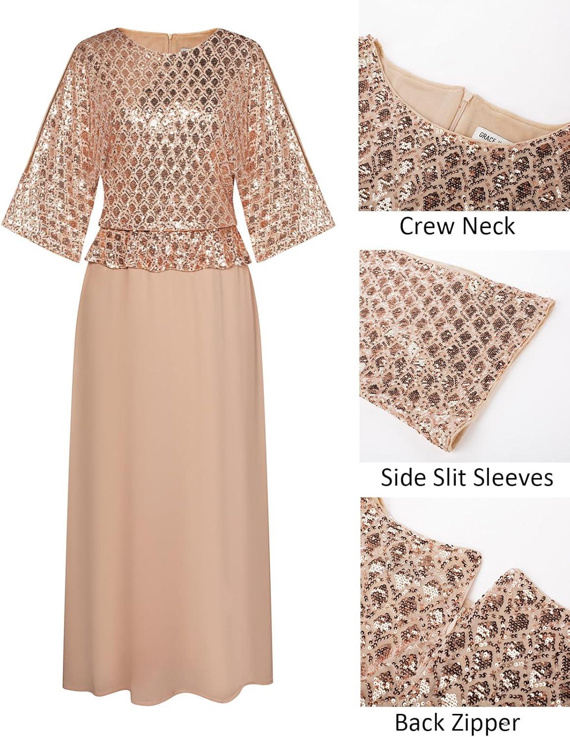 imageGRACE KARIN Mother of Bride Dresses 2025 34 Sleeve Sequin Dress Maxi Elegant Wedding Guest Dress Formal CocktailChampagne Gold
