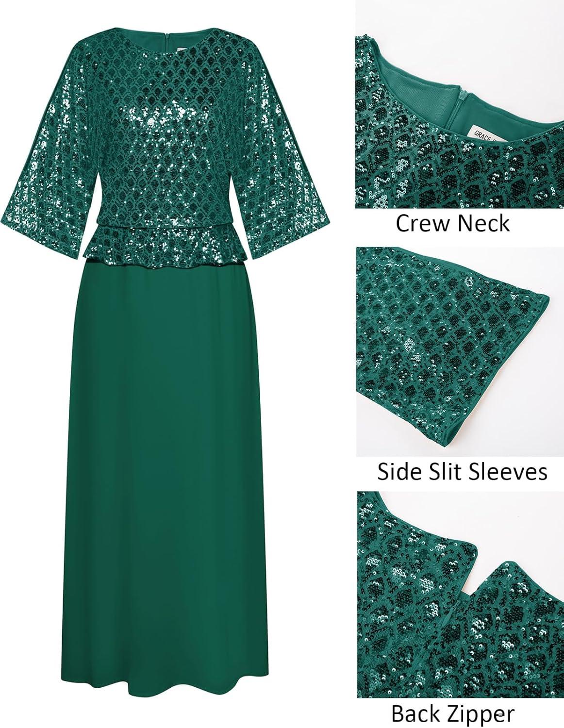 imageGRACE KARIN Mother of Bride Dresses 2025 34 Sleeve Sequin Dress Maxi Elegant Wedding Guest Dress Formal CocktailGreen