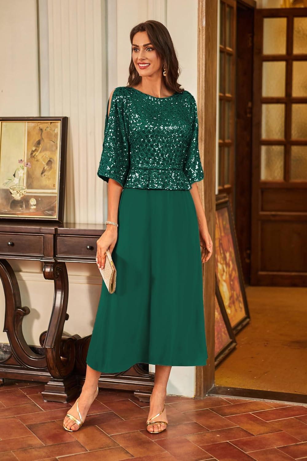 imageGRACE KARIN Mother of Bride Dresses 2025 34 Sleeve Sequin Dress Maxi Elegant Wedding Guest Dress Formal CocktailGreen