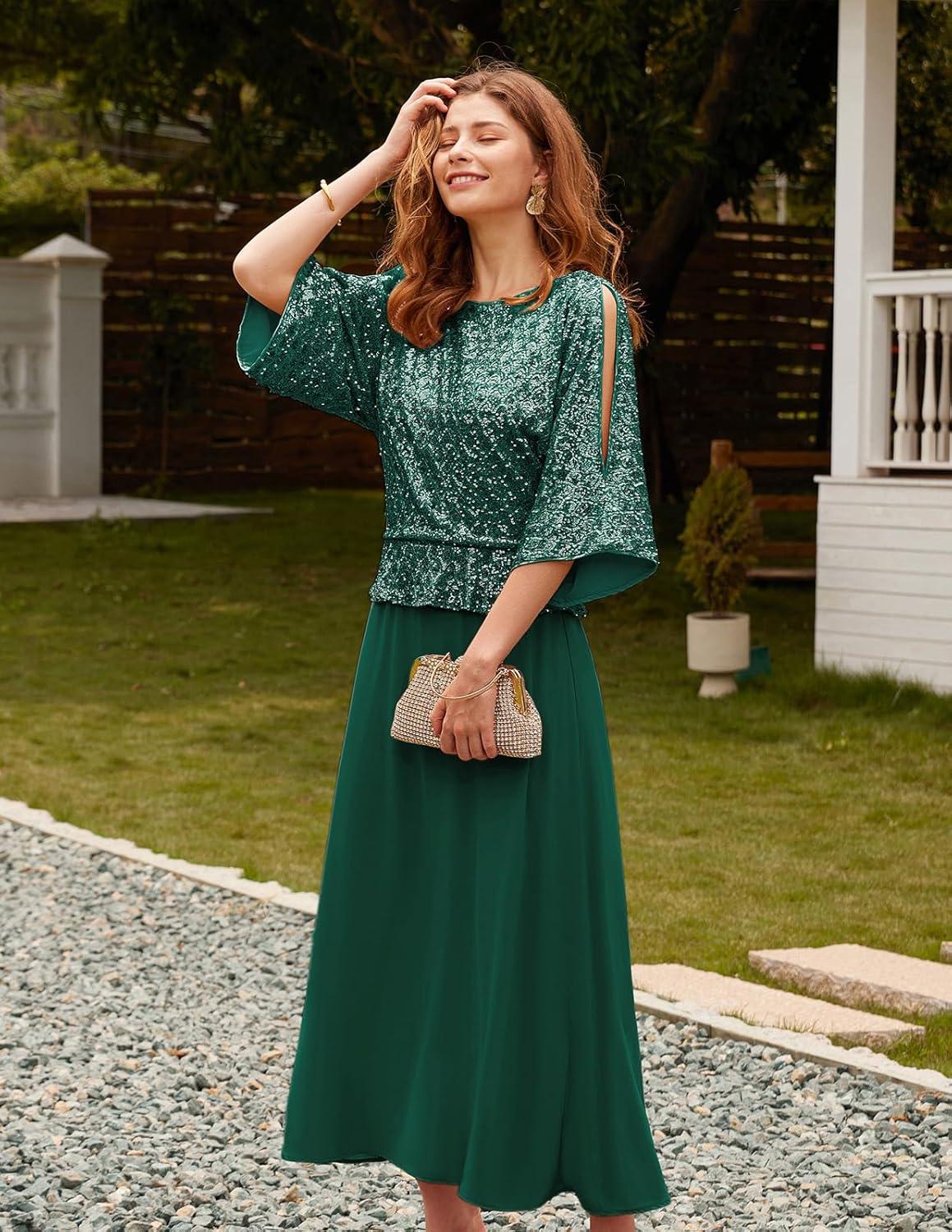imageGRACE KARIN Mother of Bride Dresses 2025 34 Sleeve Sequin Dress Maxi Elegant Wedding Guest Dress Formal CocktailGreen