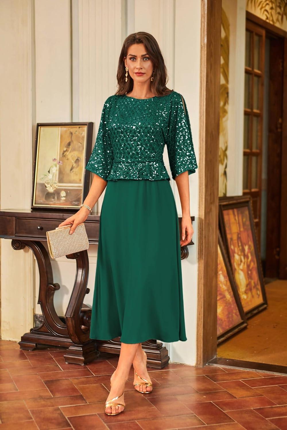 imageGRACE KARIN Mother of Bride Dresses 2025 34 Sleeve Sequin Dress Maxi Elegant Wedding Guest Dress Formal CocktailGreen