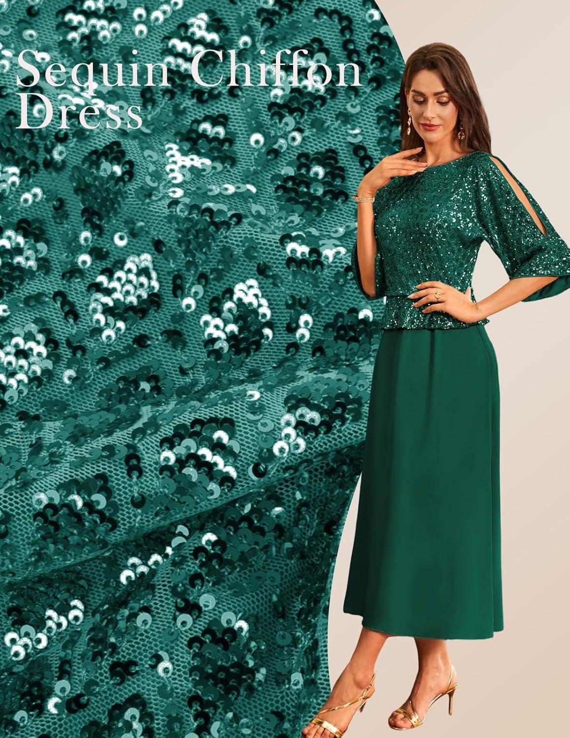 imageGRACE KARIN Mother of Bride Dresses 2025 34 Sleeve Sequin Dress Maxi Elegant Wedding Guest Dress Formal CocktailGreen