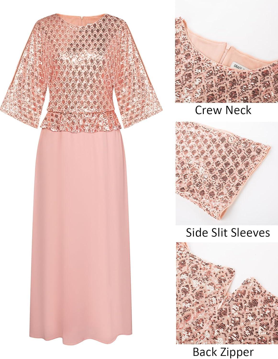 imageGRACE KARIN Mother of Bride Dresses 2025 34 Sleeve Sequin Dress Maxi Elegant Wedding Guest Dress Formal CocktailRose Pink
