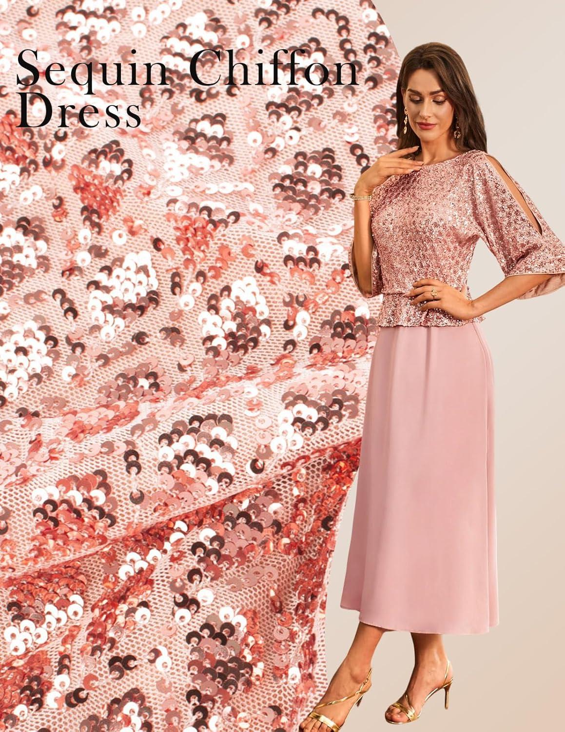 imageGRACE KARIN Mother of Bride Dresses 2025 34 Sleeve Sequin Dress Maxi Elegant Wedding Guest Dress Formal CocktailRose Pink