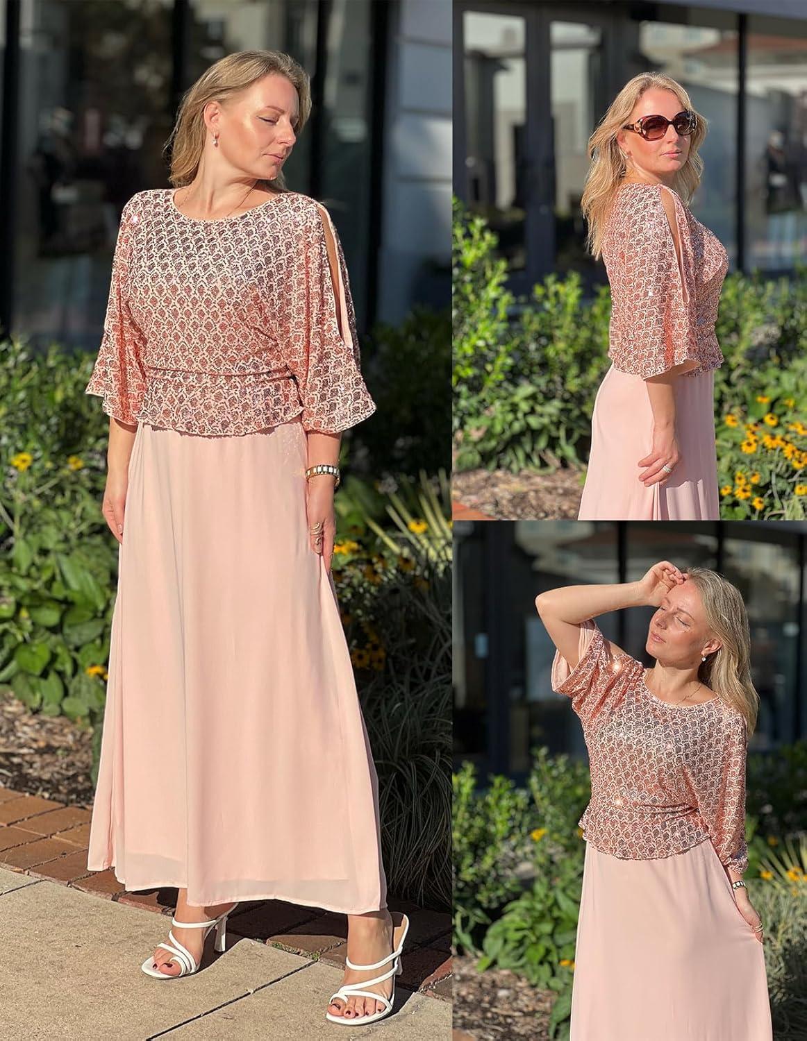 imageGRACE KARIN Mother of Bride Dresses 2025 34 Sleeve Sequin Dress Maxi Elegant Wedding Guest Dress Formal CocktailRose Pink