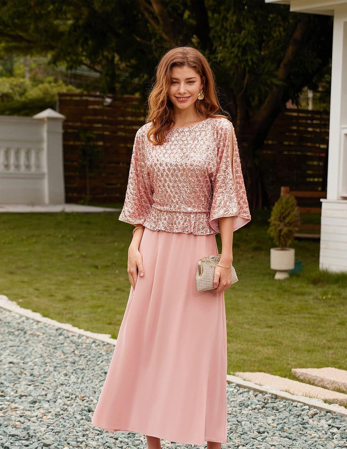 imageGRACE KARIN Mother of Bride Dresses 2025 34 Sleeve Sequin Dress Maxi Elegant Wedding Guest Dress Formal CocktailRose Pink