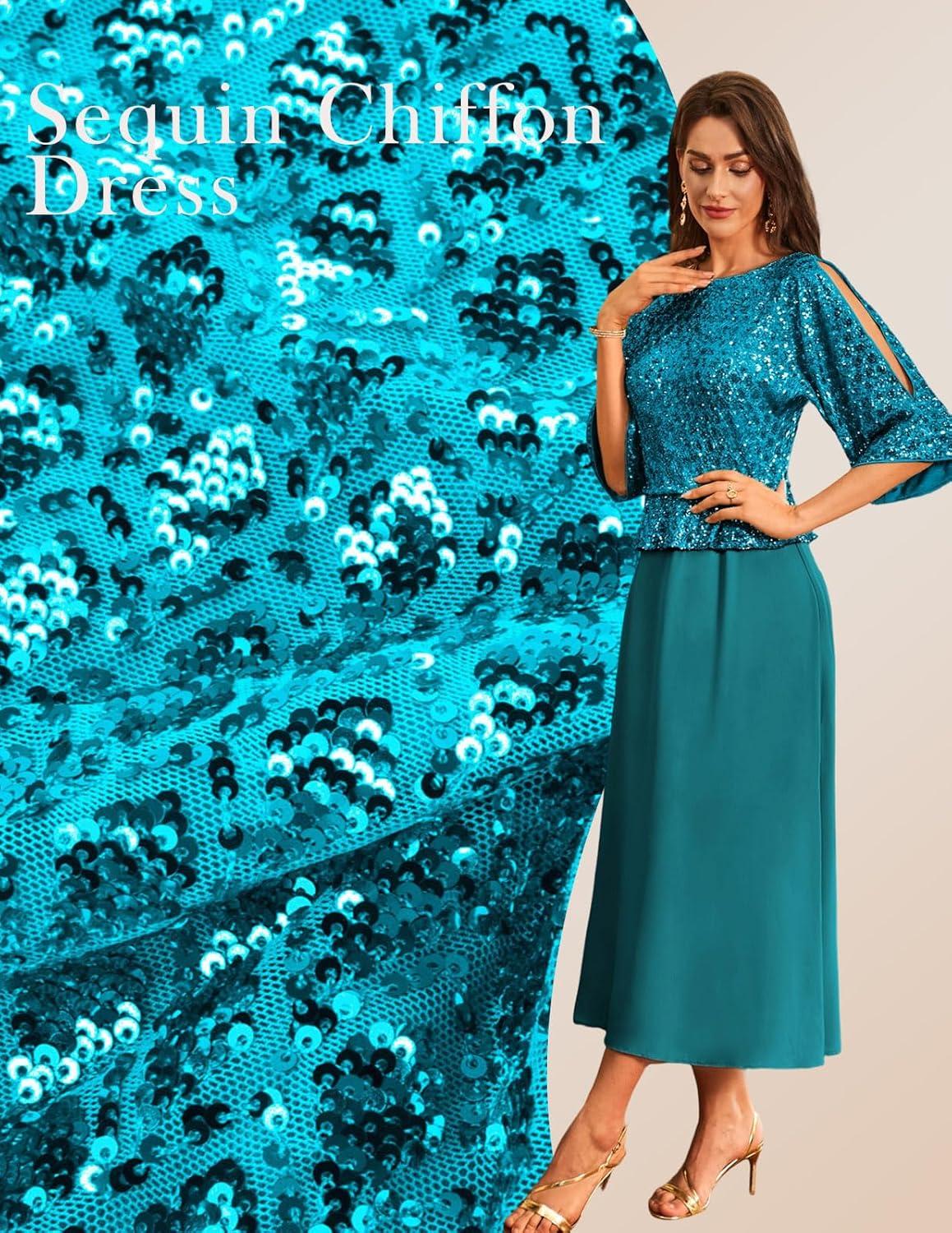 imageGRACE KARIN Mother of Bride Dresses 2025 34 Sleeve Sequin Dress Maxi Elegant Wedding Guest Dress Formal CocktailTeal Blue