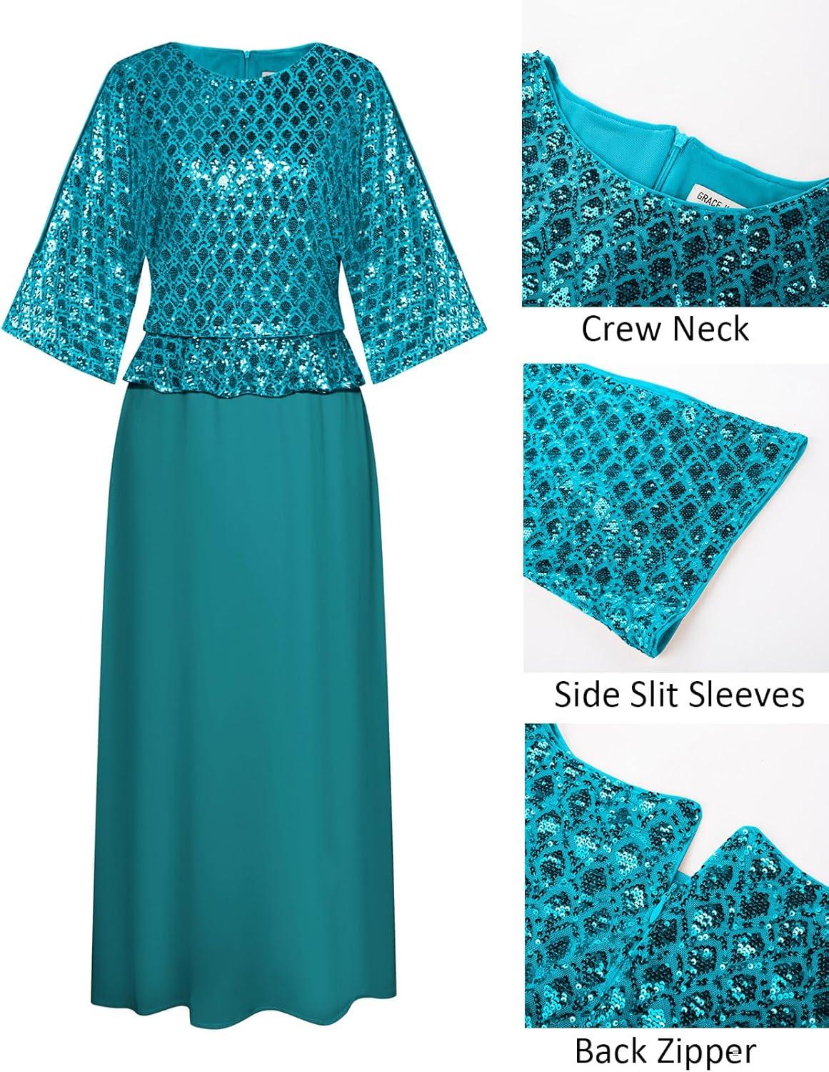 imageGRACE KARIN Mother of Bride Dresses 2025 34 Sleeve Sequin Dress Maxi Elegant Wedding Guest Dress Formal CocktailTeal Blue