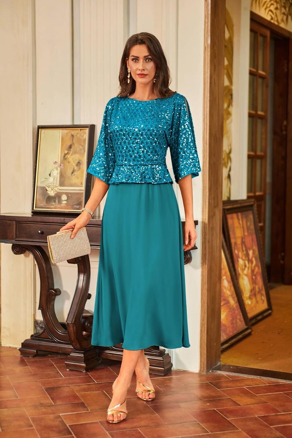 imageGRACE KARIN Mother of Bride Dresses 2025 34 Sleeve Sequin Dress Maxi Elegant Wedding Guest Dress Formal CocktailTeal Blue
