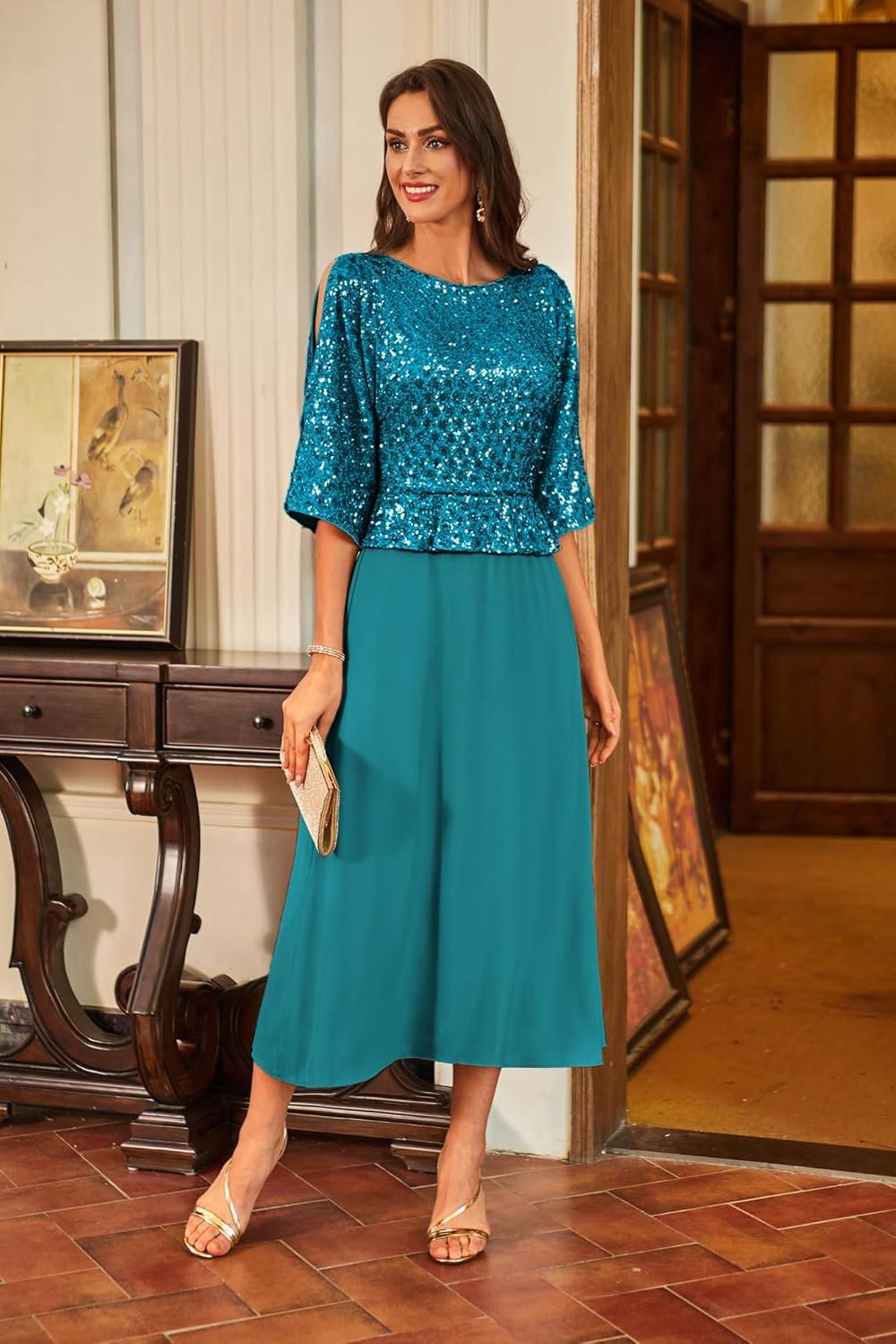 imageGRACE KARIN Mother of Bride Dresses 2025 34 Sleeve Sequin Dress Maxi Elegant Wedding Guest Dress Formal CocktailTeal Blue