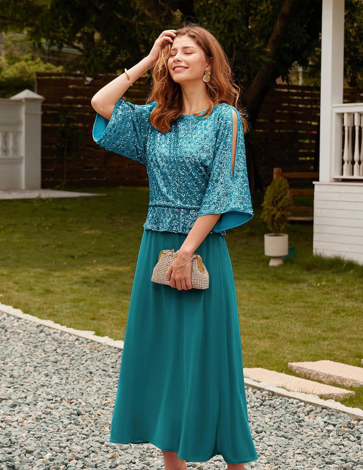 imageGRACE KARIN Mother of Bride Dresses 2025 34 Sleeve Sequin Dress Maxi Elegant Wedding Guest Dress Formal CocktailTeal Blue