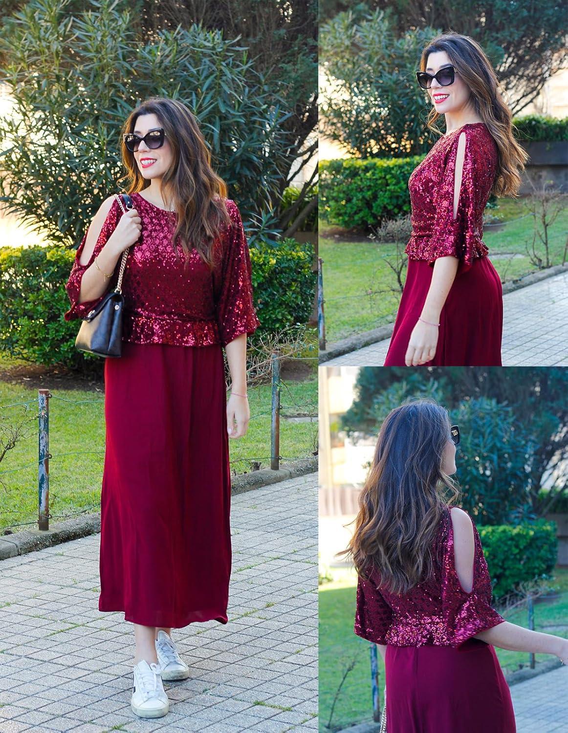 imageGRACE KARIN Mother of Bride Dresses 2025 34 Sleeve Sequin Dress Maxi Elegant Wedding Guest Dress Formal CocktailWine Red