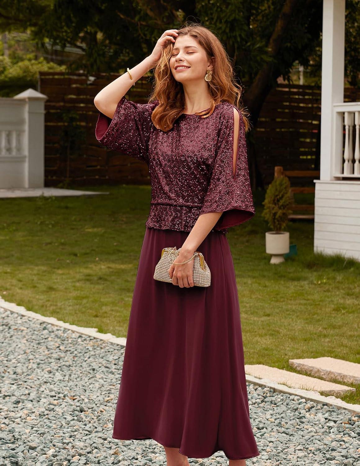 imageGRACE KARIN Mother of Bride Dresses 2025 34 Sleeve Sequin Dress Maxi Elegant Wedding Guest Dress Formal CocktailWine Red