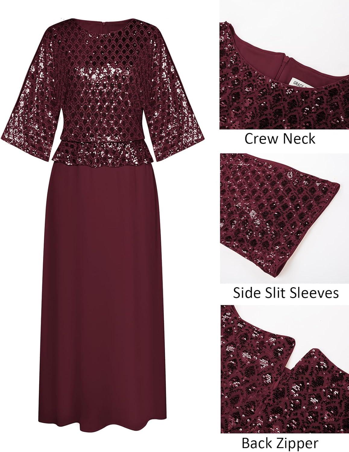imageGRACE KARIN Mother of Bride Dresses 2025 34 Sleeve Sequin Dress Maxi Elegant Wedding Guest Dress Formal CocktailWine Red