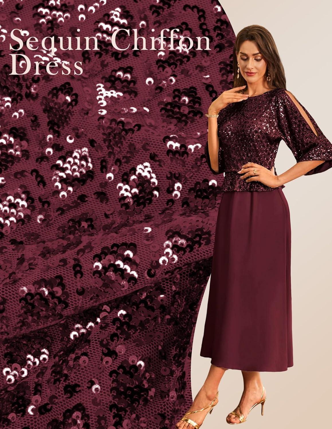 imageGRACE KARIN Mother of Bride Dresses 2025 34 Sleeve Sequin Dress Maxi Elegant Wedding Guest Dress Formal CocktailWine Red