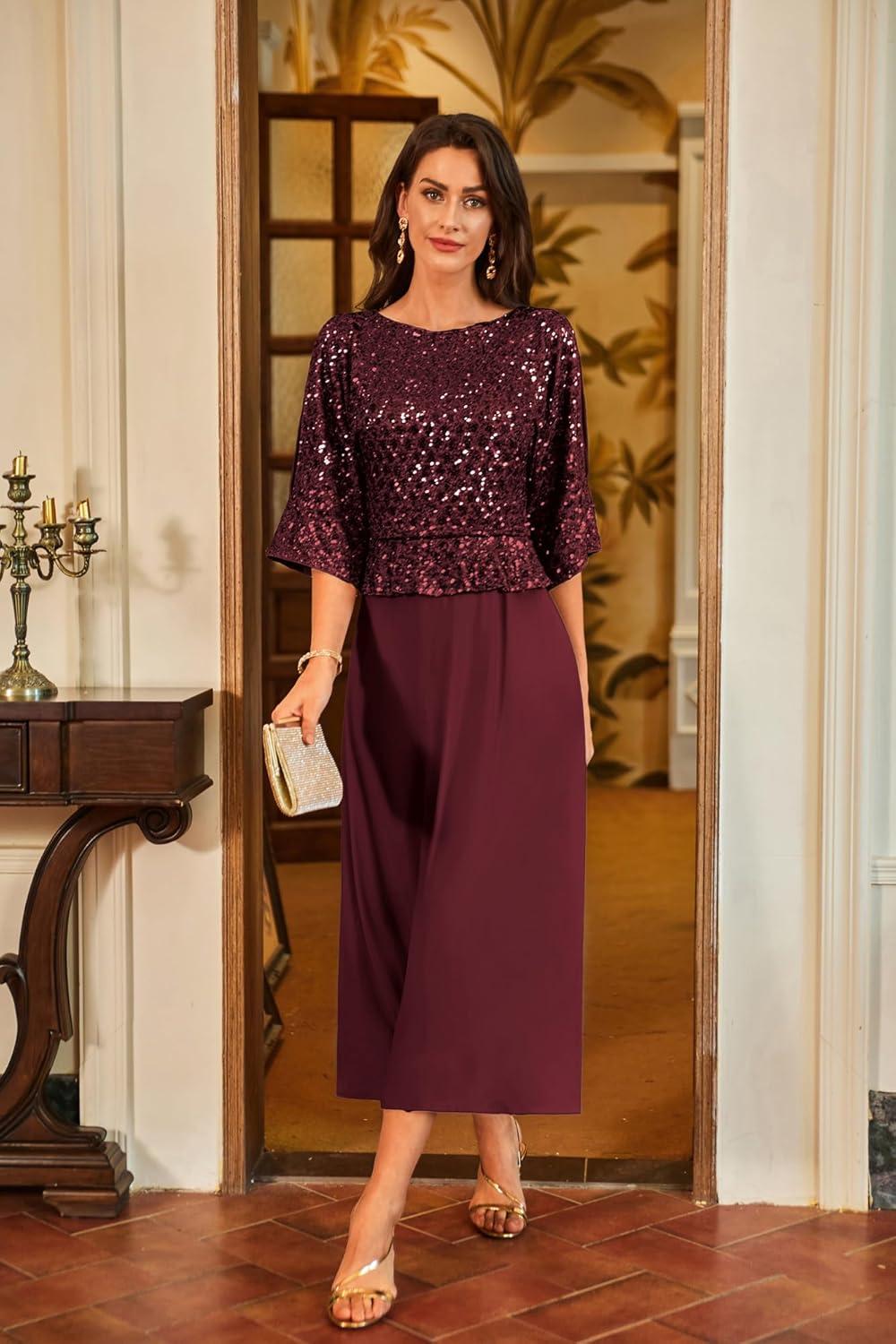 imageGRACE KARIN Mother of Bride Dresses 2025 34 Sleeve Sequin Dress Maxi Elegant Wedding Guest Dress Formal CocktailWine Red