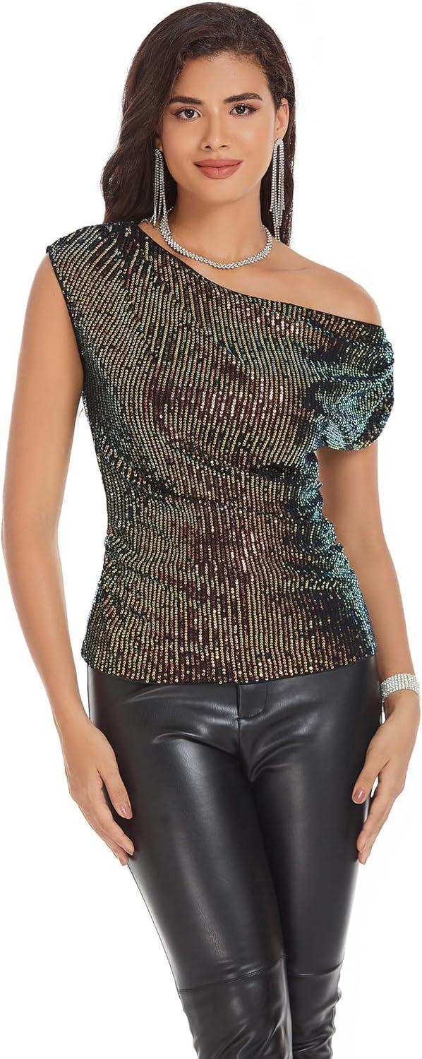 imageGRACE KARIN One Shoulder Sequin Sparkly Tops for Women Ruched Asymmetrical Glitter Tops Slimming Sparkle Party ShirtsDazzlingblack