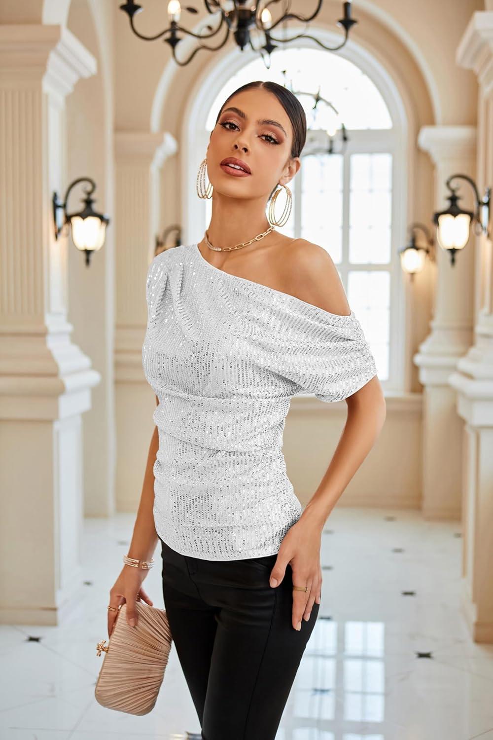 imageGRACE KARIN One Shoulder Sequin Sparkly Tops for Women Ruched Asymmetrical Glitter Tops Slimming Sparkle Party ShirtsSilver White