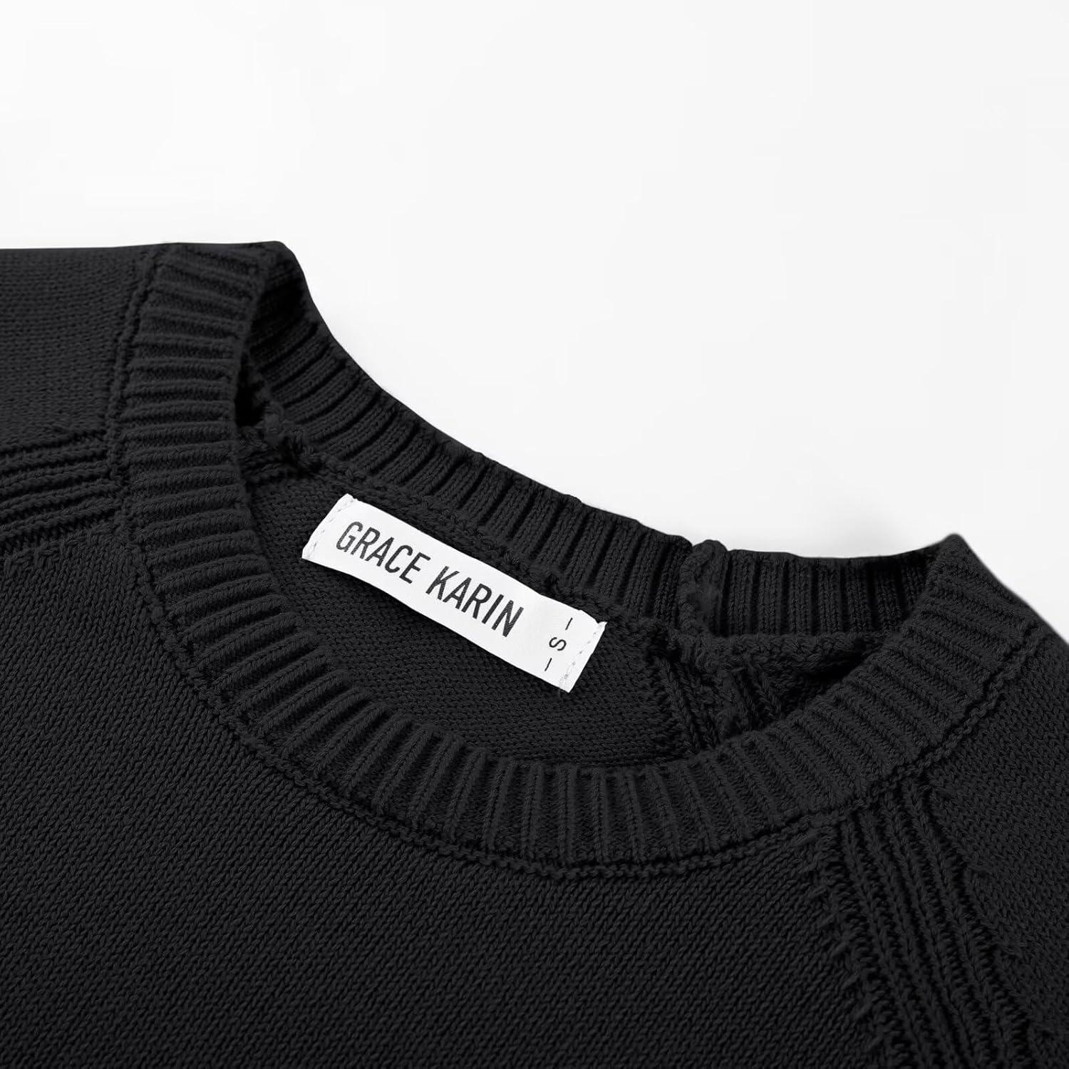 imageGRACE KARIN Short Sleeve Sweater for Women Trendy Business Casual Spring Knit Tops Crew Neck Layering Pullover SweaterBlack