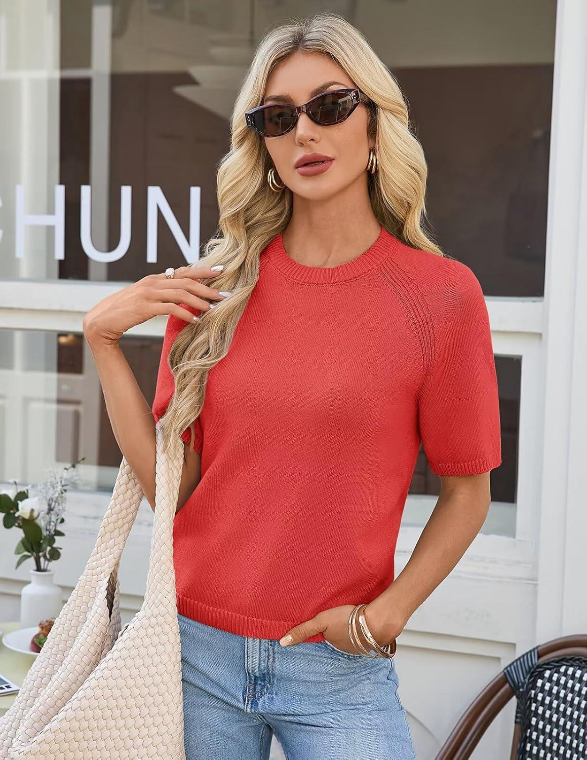 imageGRACE KARIN Short Sleeve Sweater for Women Trendy Business Casual Spring Knit Tops Crew Neck Layering Pullover SweaterOrange Red