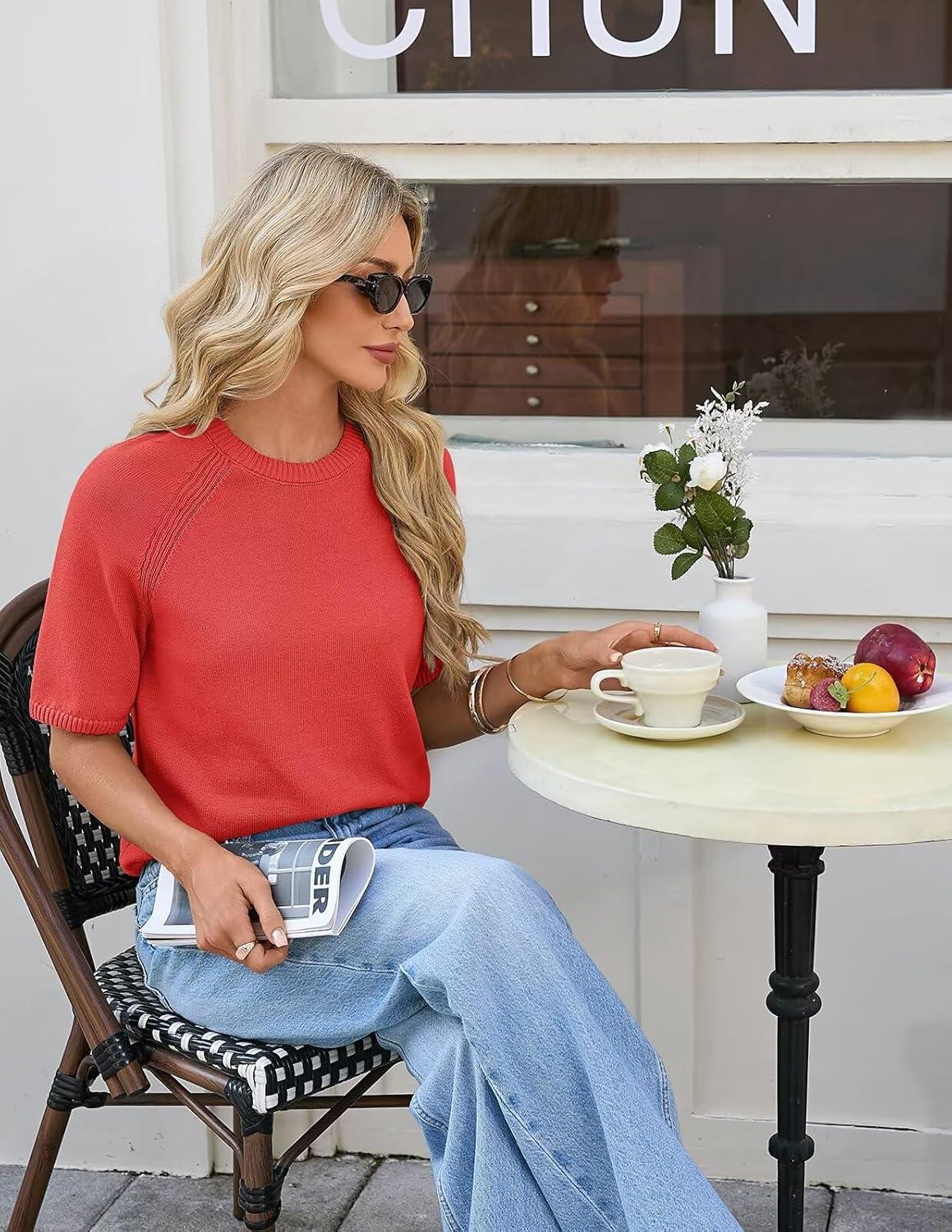 imageGRACE KARIN Short Sleeve Sweater for Women Trendy Business Casual Spring Knit Tops Crew Neck Layering Pullover SweaterOrange Red