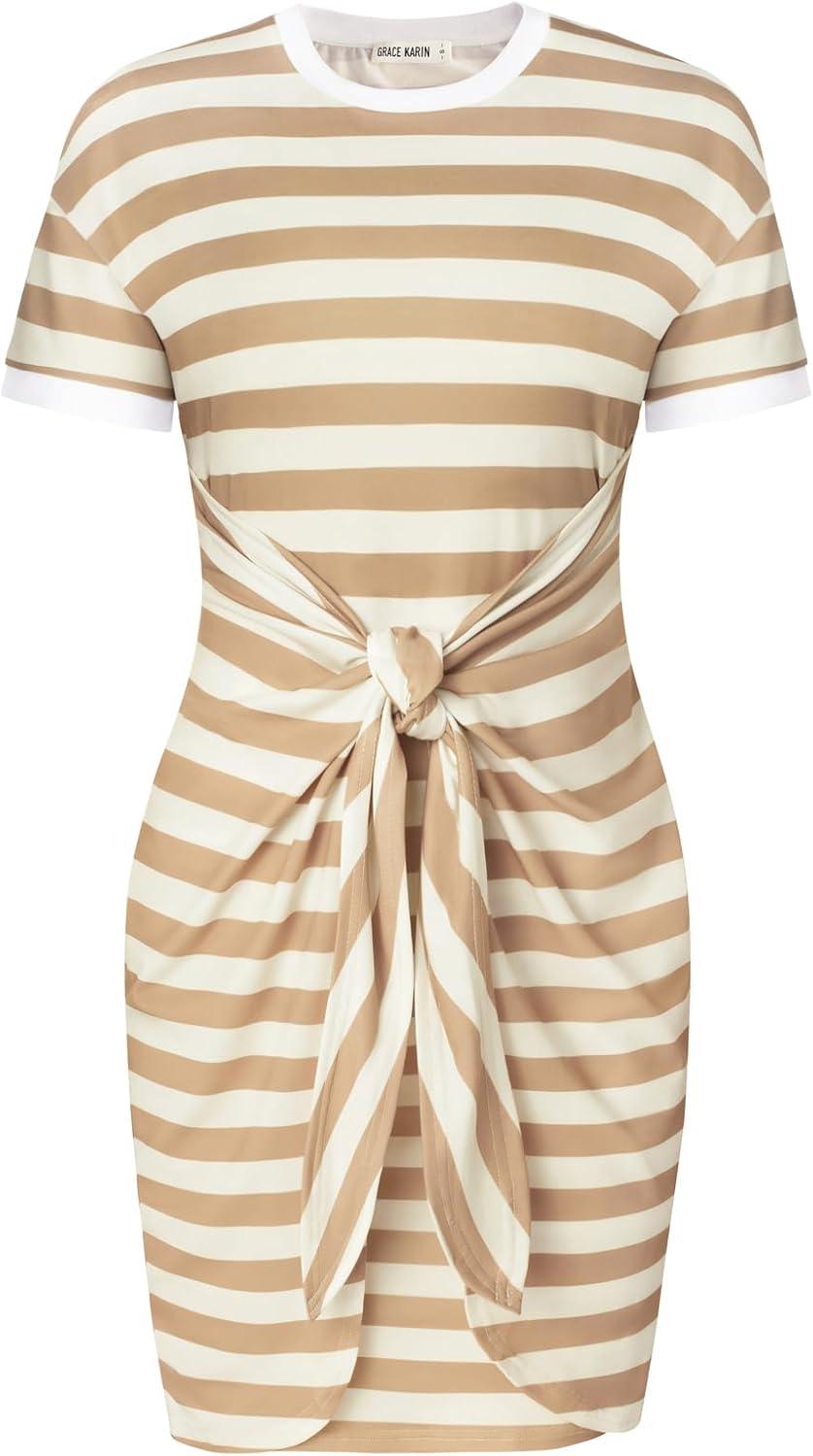 imageGRACE KARIN Striped Shirt Dresses for Women Front Tie Crewneck Wrap Dress Short Sleeve TShirt Casual Mini Bodycon DressKhaki