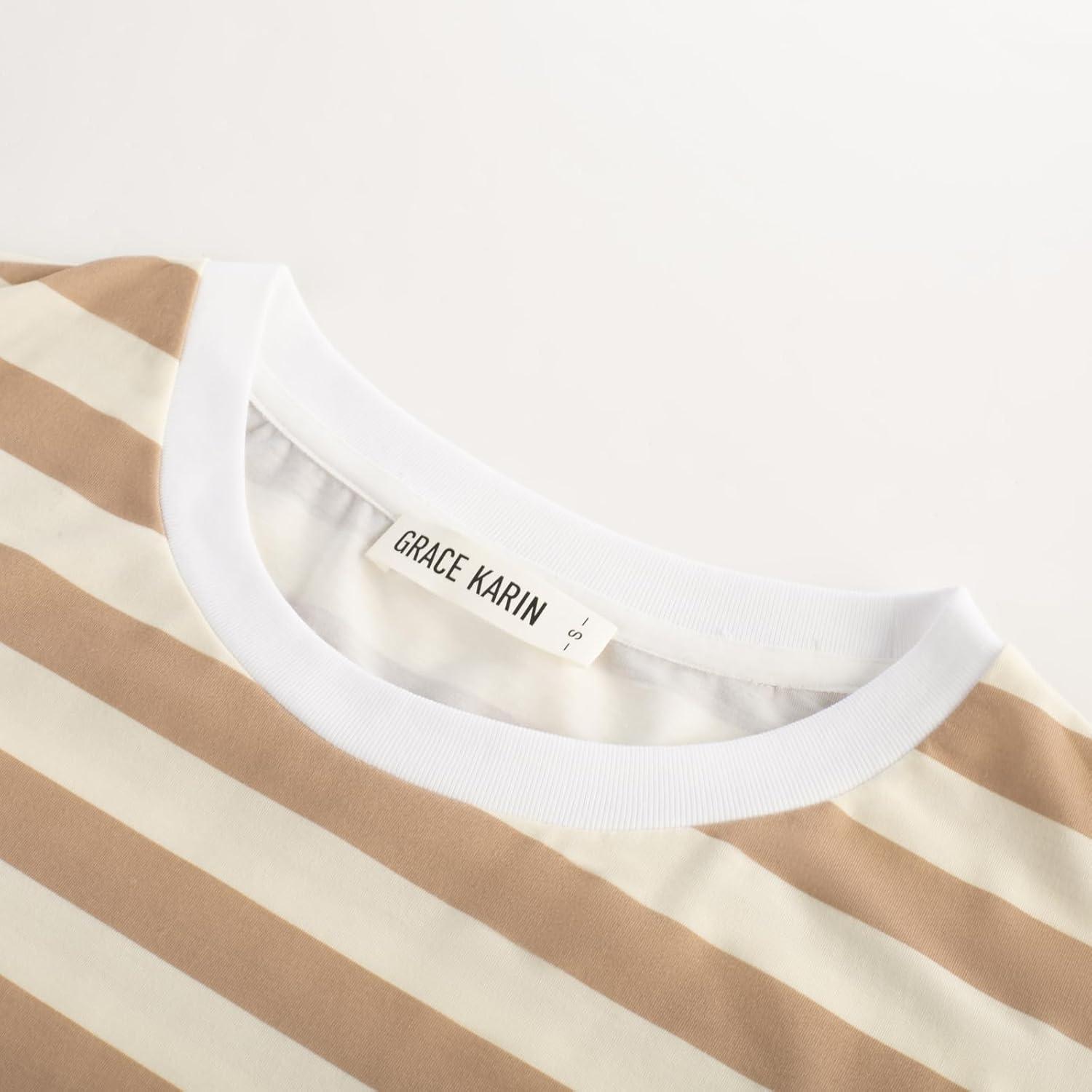 imageGRACE KARIN Striped Shirt Dresses for Women Front Tie Crewneck Wrap Dress Short Sleeve TShirt Casual Mini Bodycon DressKhaki