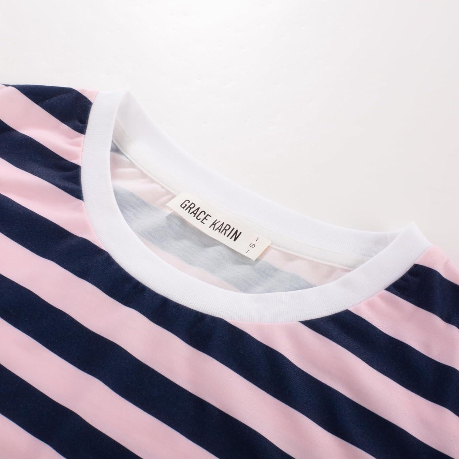 imageGRACE KARIN Striped Shirt Dresses for Women Front Tie Crewneck Wrap Dress Short Sleeve TShirt Casual Mini Bodycon DressPink Navy Blue