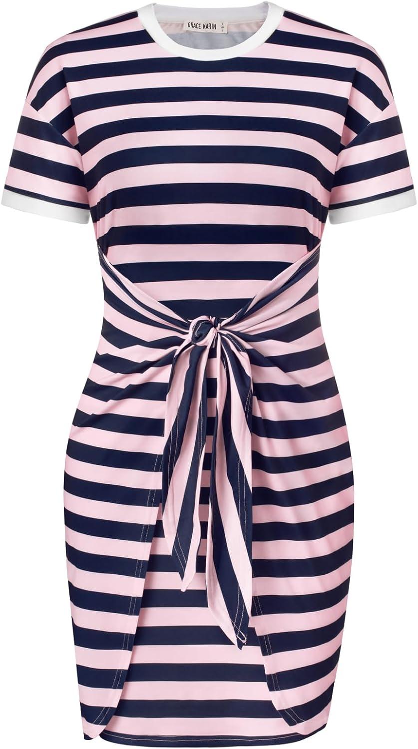 imageGRACE KARIN Striped Shirt Dresses for Women Front Tie Crewneck Wrap Dress Short Sleeve TShirt Casual Mini Bodycon DressPink Navy Blue