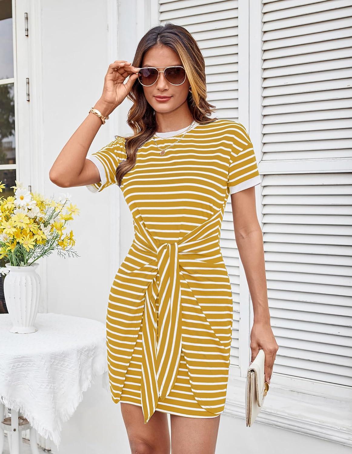 imageGRACE KARIN Striped Shirt Dresses for Women Front Tie Crewneck Wrap Dress Short Sleeve TShirt Casual Mini Bodycon DressYellow