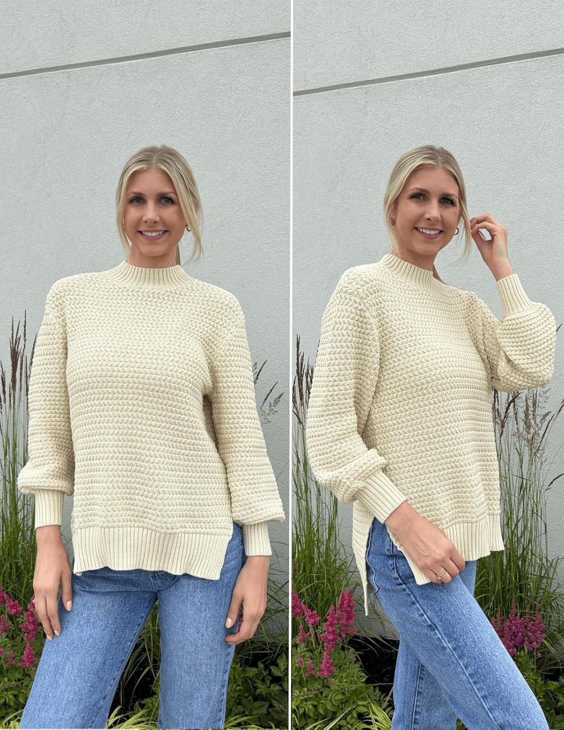 imageGRACE KARIN Women 2025 Fall Knit Sweaters Soft Long Sleeve Pullover Trendy Mock Neck Side Slit Loose Sweater TopsBeige