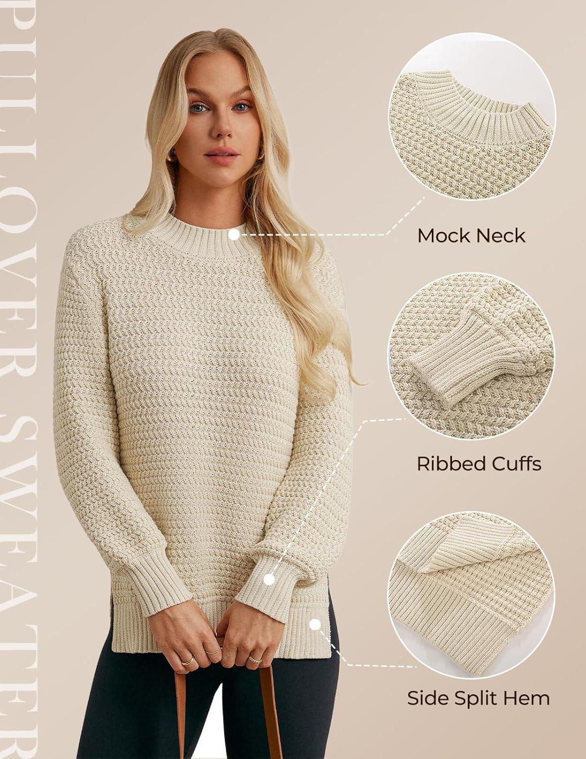 imageGRACE KARIN Women 2025 Fall Knit Sweaters Soft Long Sleeve Pullover Trendy Mock Neck Side Slit Loose Sweater TopsBeige
