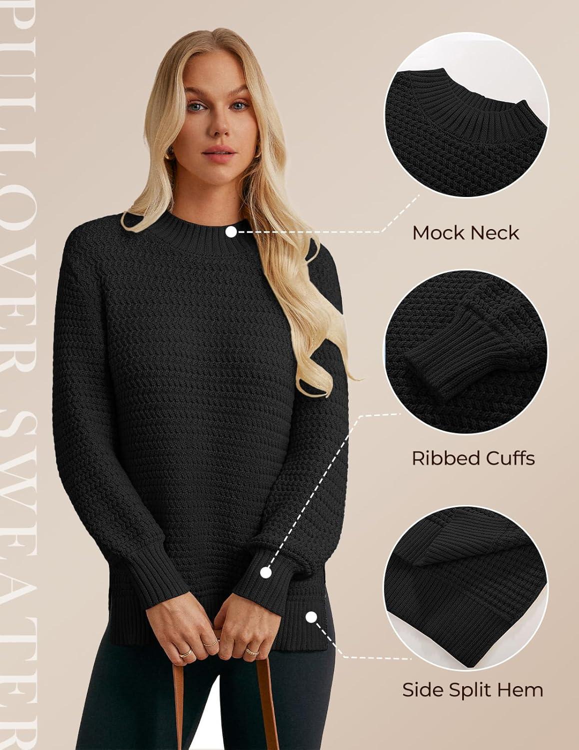 imageGRACE KARIN Women 2025 Fall Knit Sweaters Soft Long Sleeve Pullover Trendy Mock Neck Side Slit Loose Sweater TopsBlack