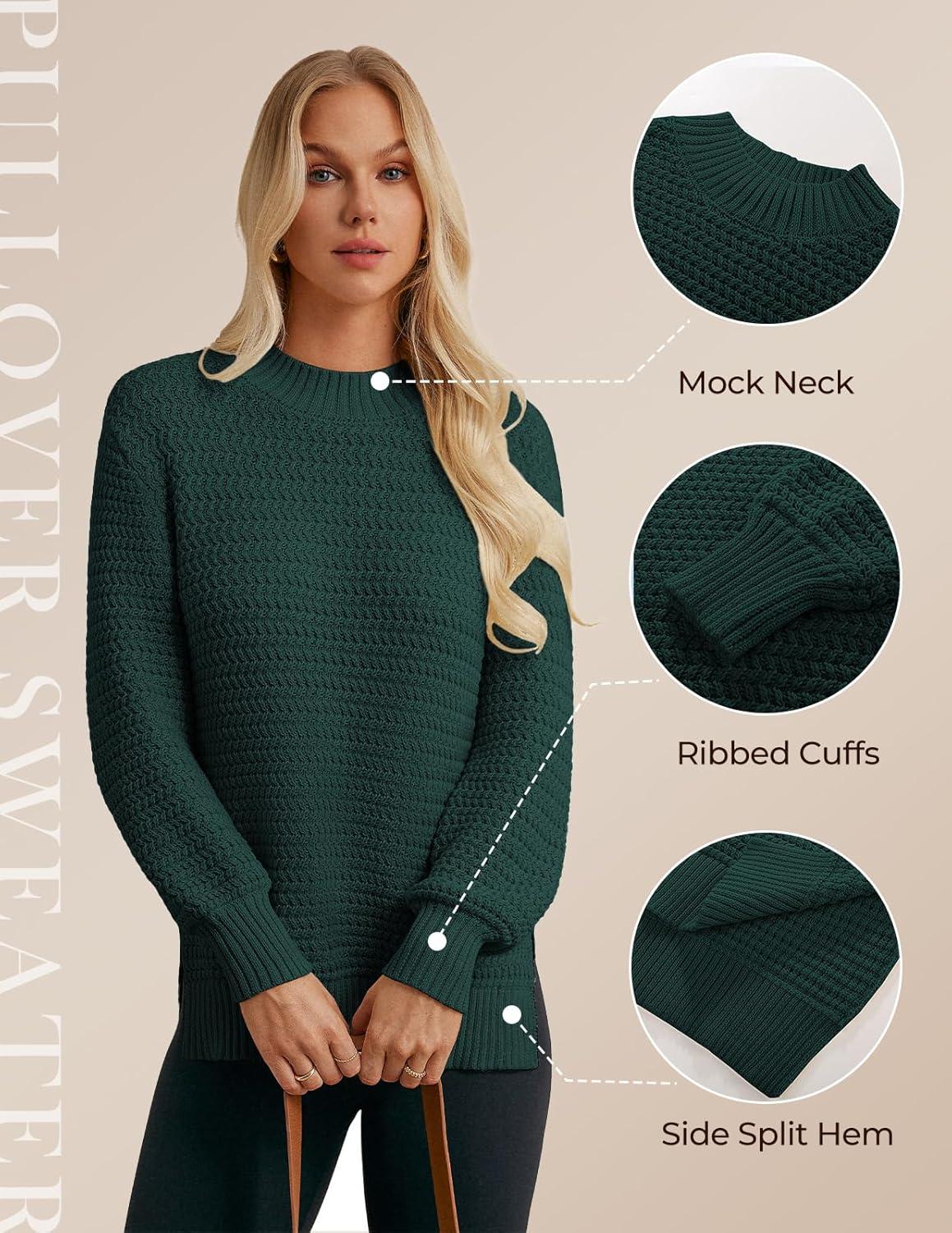 imageGRACE KARIN Women 2025 Fall Knit Sweaters Soft Long Sleeve Pullover Trendy Mock Neck Side Slit Loose Sweater TopsDark Green