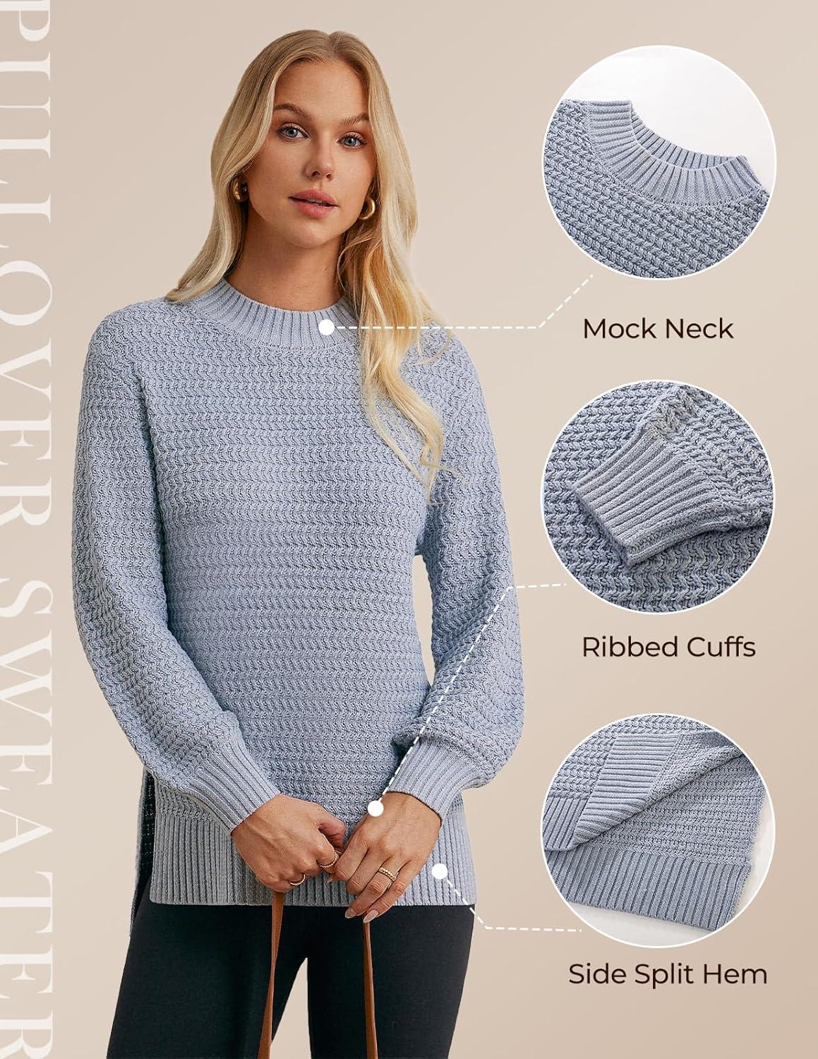 imageGRACE KARIN Women 2025 Fall Knit Sweaters Soft Long Sleeve Pullover Trendy Mock Neck Side Slit Loose Sweater TopsGrey