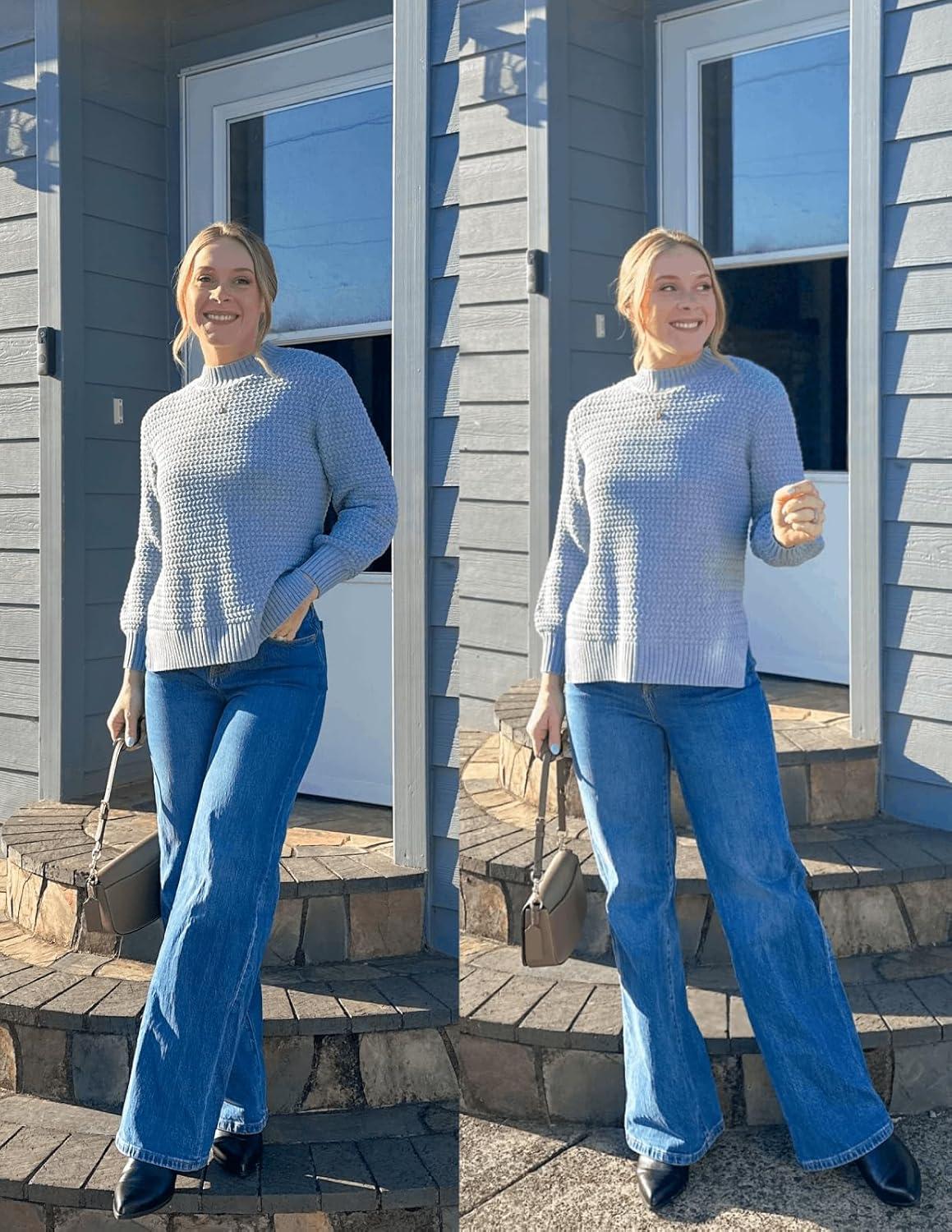 imageGRACE KARIN Women 2025 Fall Knit Sweaters Soft Long Sleeve Pullover Trendy Mock Neck Side Slit Loose Sweater TopsGrey