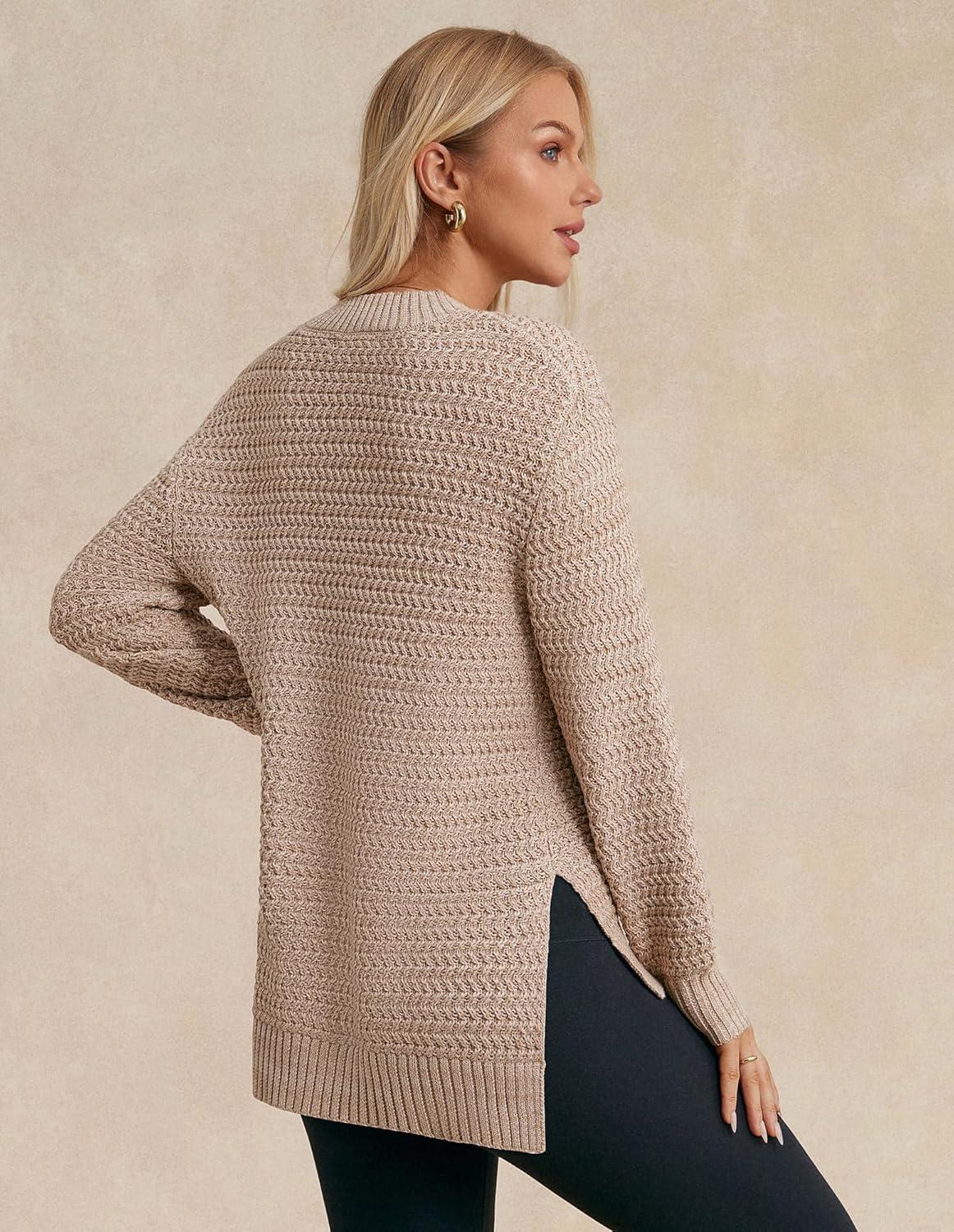 imageGRACE KARIN Women 2025 Fall Knit Sweaters Soft Long Sleeve Pullover Trendy Mock Neck Side Slit Loose Sweater TopsKhaki