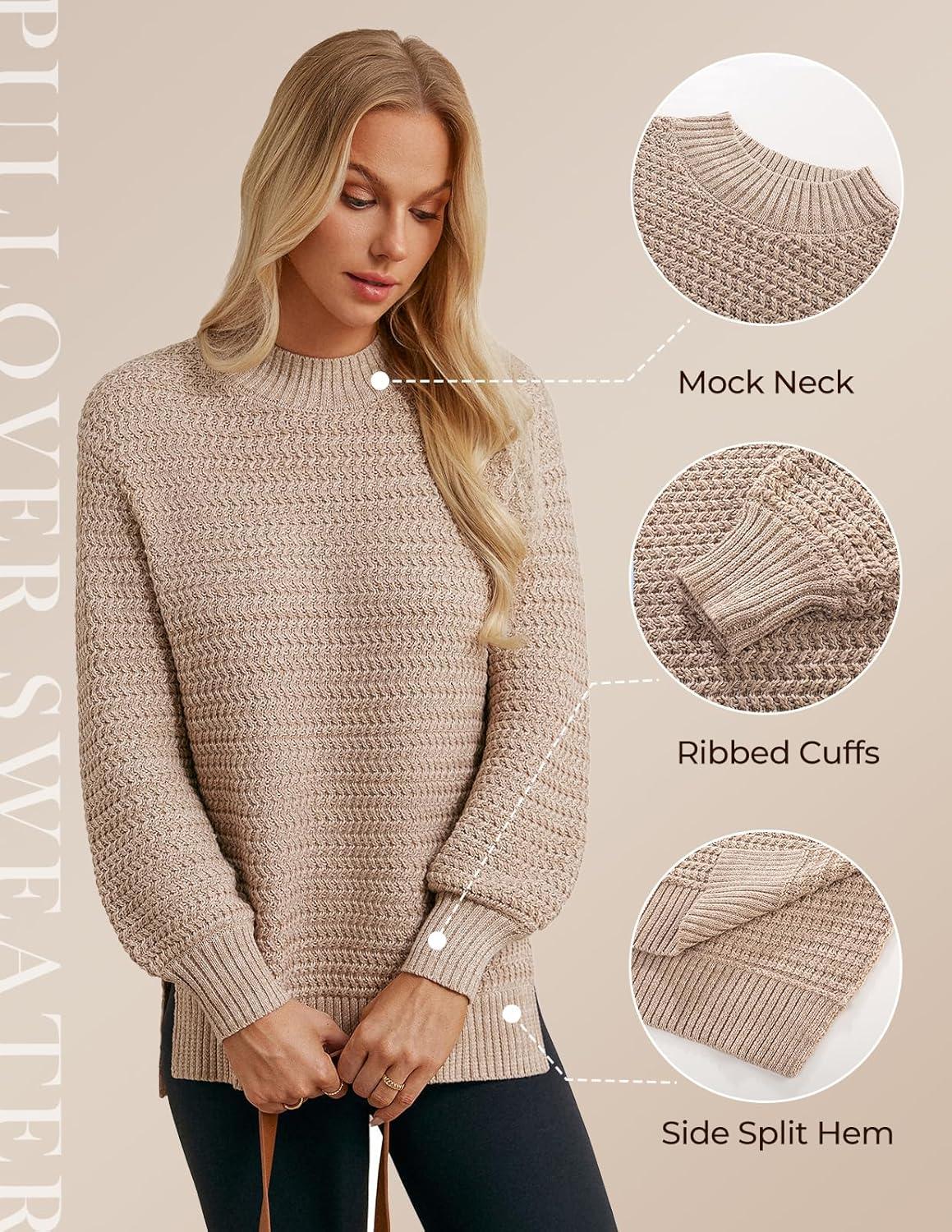 imageGRACE KARIN Women 2025 Fall Knit Sweaters Soft Long Sleeve Pullover Trendy Mock Neck Side Slit Loose Sweater TopsKhaki