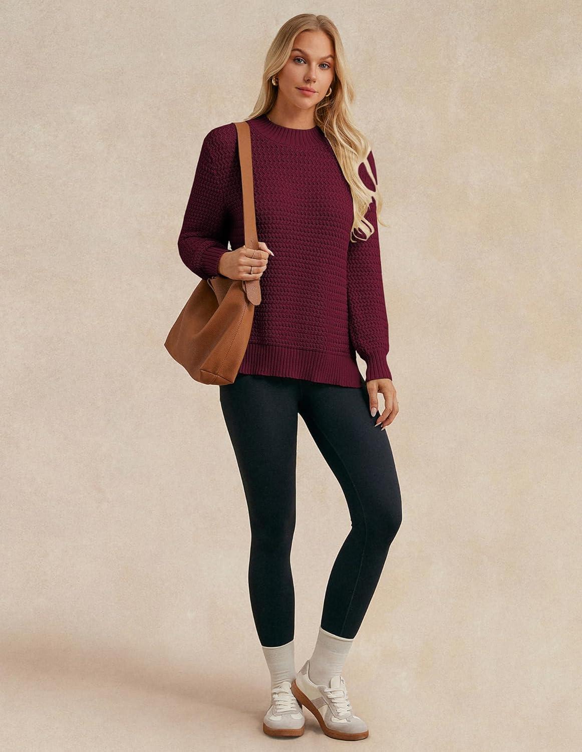 imageGRACE KARIN Women 2025 Fall Knit Sweaters Soft Long Sleeve Pullover Trendy Mock Neck Side Slit Loose Sweater TopsWine Red