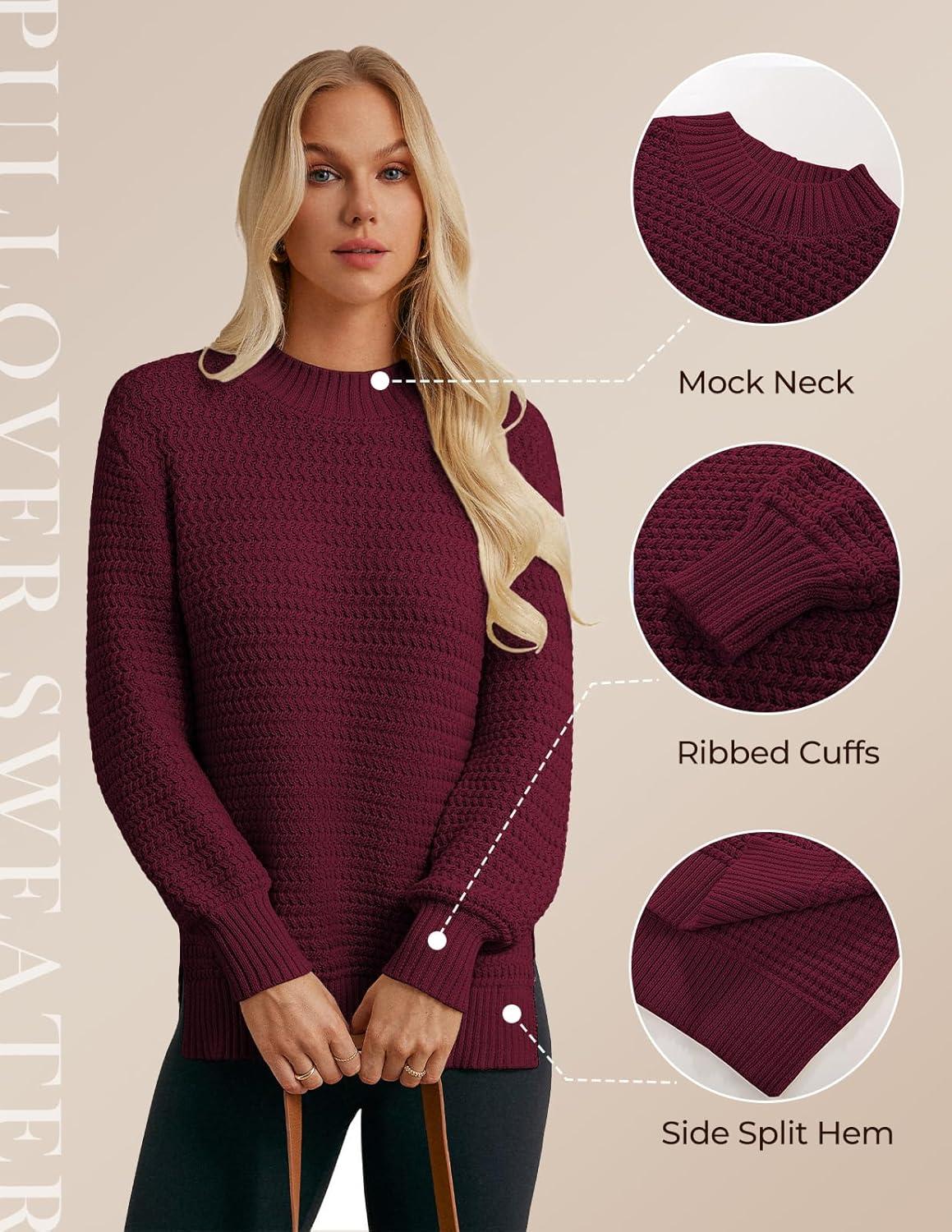 imageGRACE KARIN Women 2025 Fall Knit Sweaters Soft Long Sleeve Pullover Trendy Mock Neck Side Slit Loose Sweater TopsWine Red