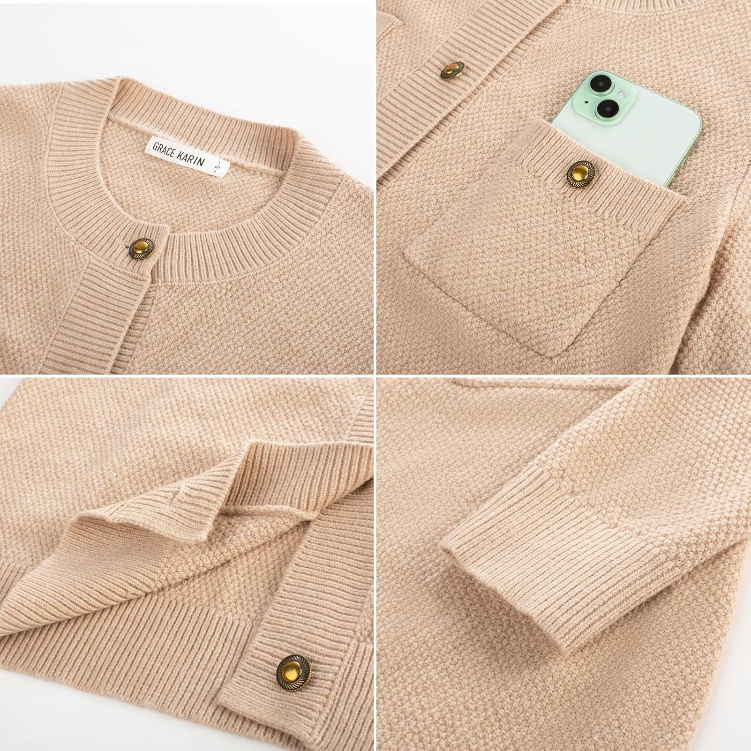 imageGRACE KARIN Women 2025 Tweed Cardigan Sweaters Casual Lightweight Cropped Cardigan Early Fall Fashion Knit Blazer OutfitsApricot
