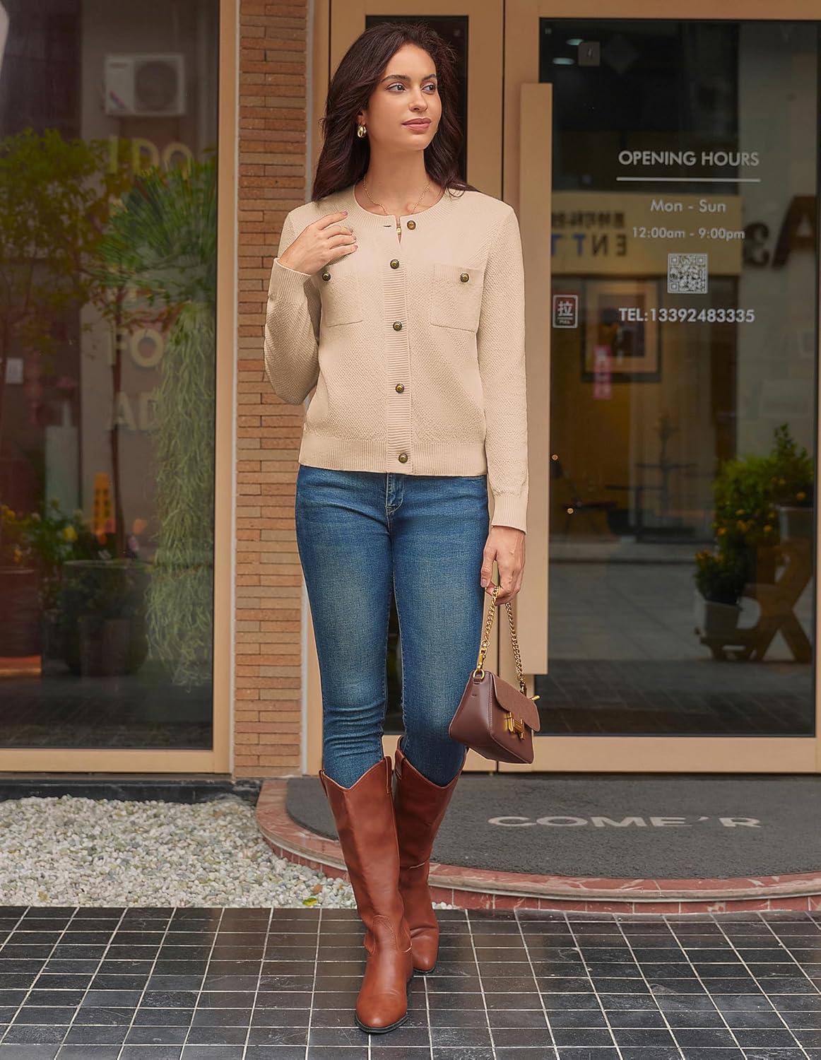 imageGRACE KARIN Women 2025 Tweed Cardigan Sweaters Casual Lightweight Cropped Cardigan Early Fall Fashion Knit Blazer OutfitsApricot