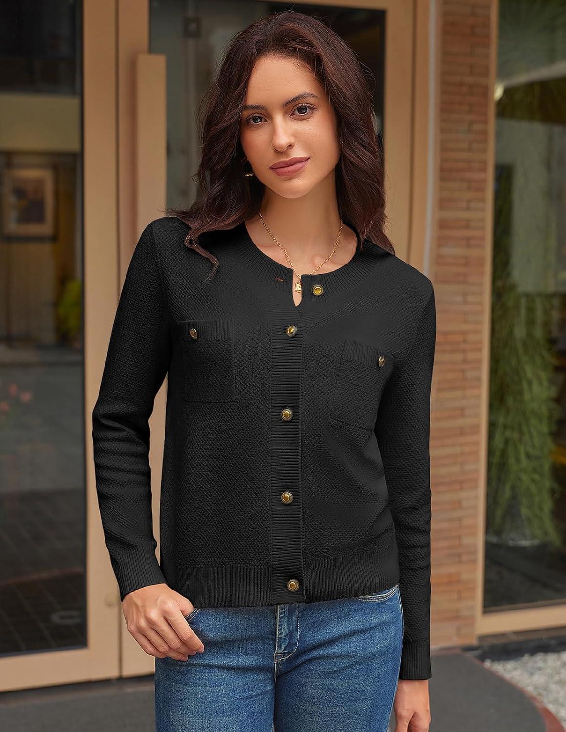 imageGRACE KARIN Women 2025 Tweed Cardigan Sweaters Casual Lightweight Cropped Cardigan Early Fall Fashion Knit Blazer OutfitsBlack