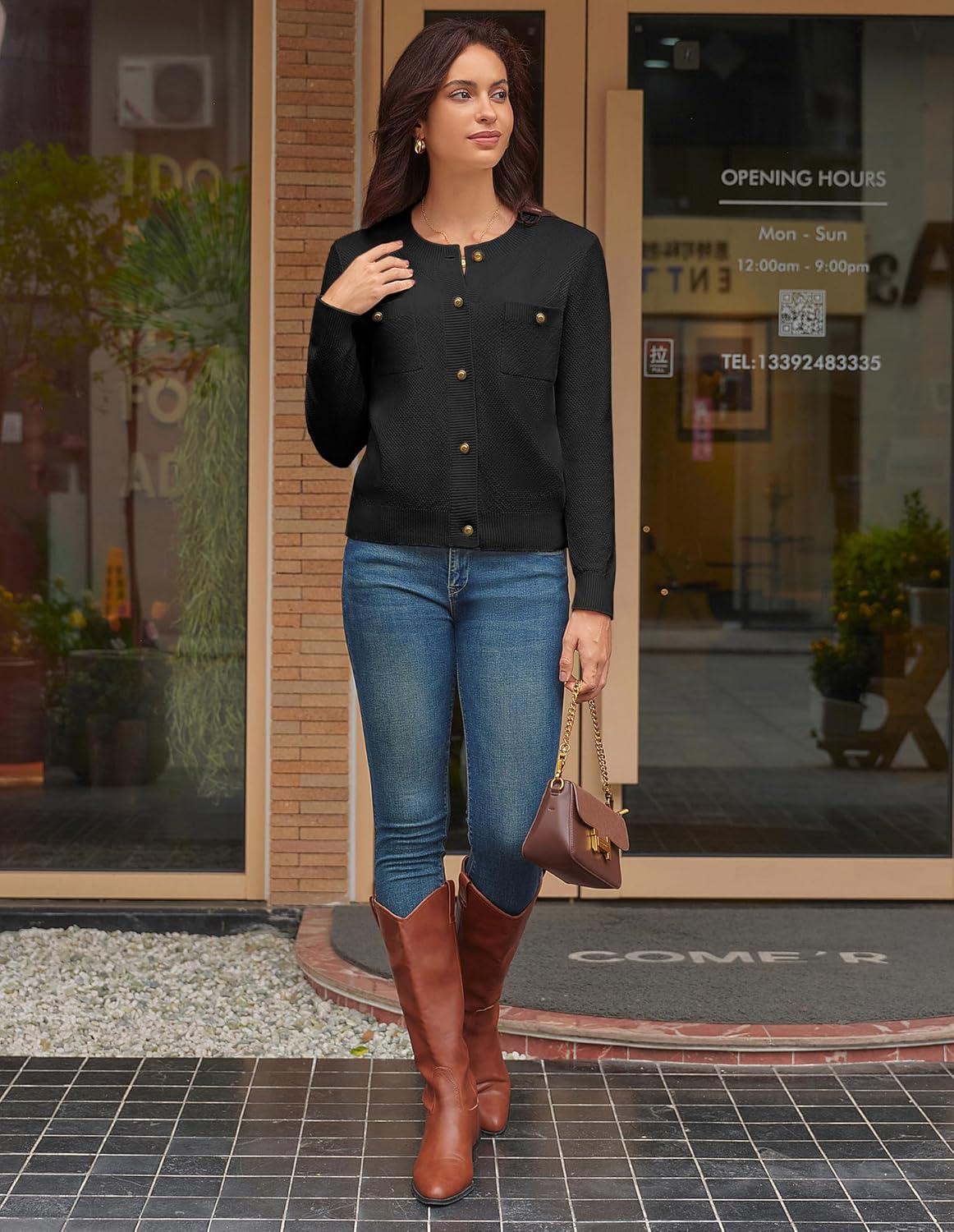 imageGRACE KARIN Women 2025 Tweed Cardigan Sweaters Casual Lightweight Cropped Cardigan Early Fall Fashion Knit Blazer OutfitsBlack