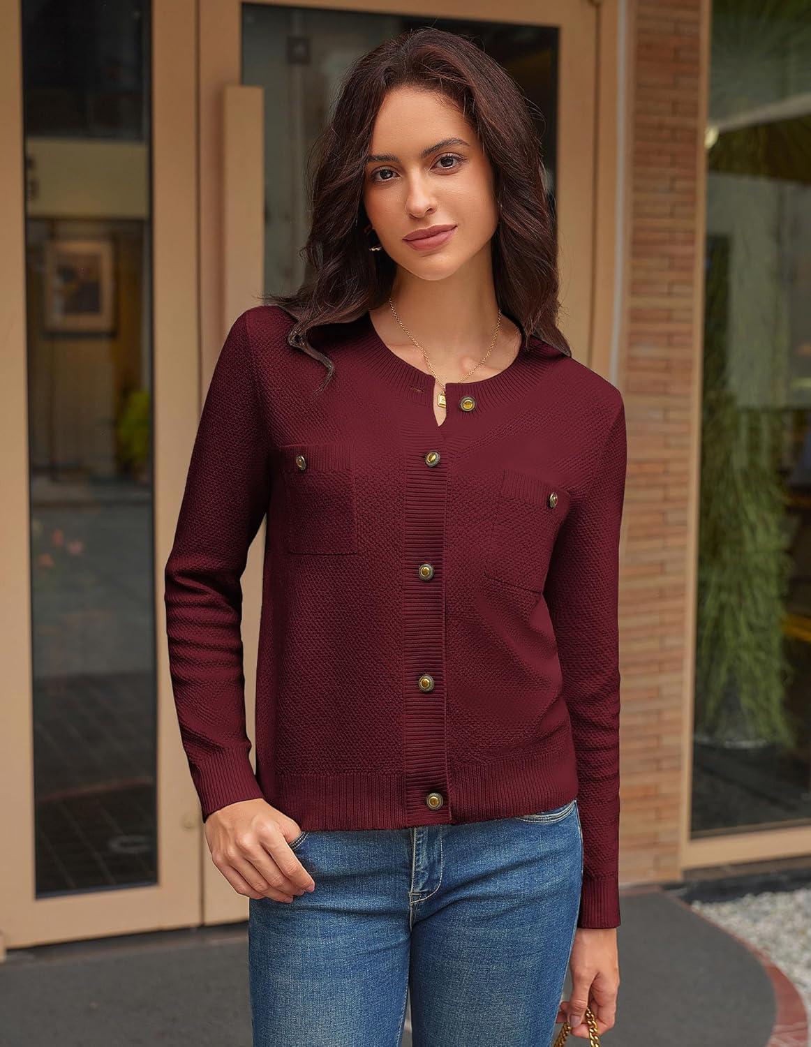 imageGRACE KARIN Women 2025 Tweed Cardigan Sweaters Casual Lightweight Cropped Cardigan Early Fall Fashion Knit Blazer OutfitsBurgundy Red