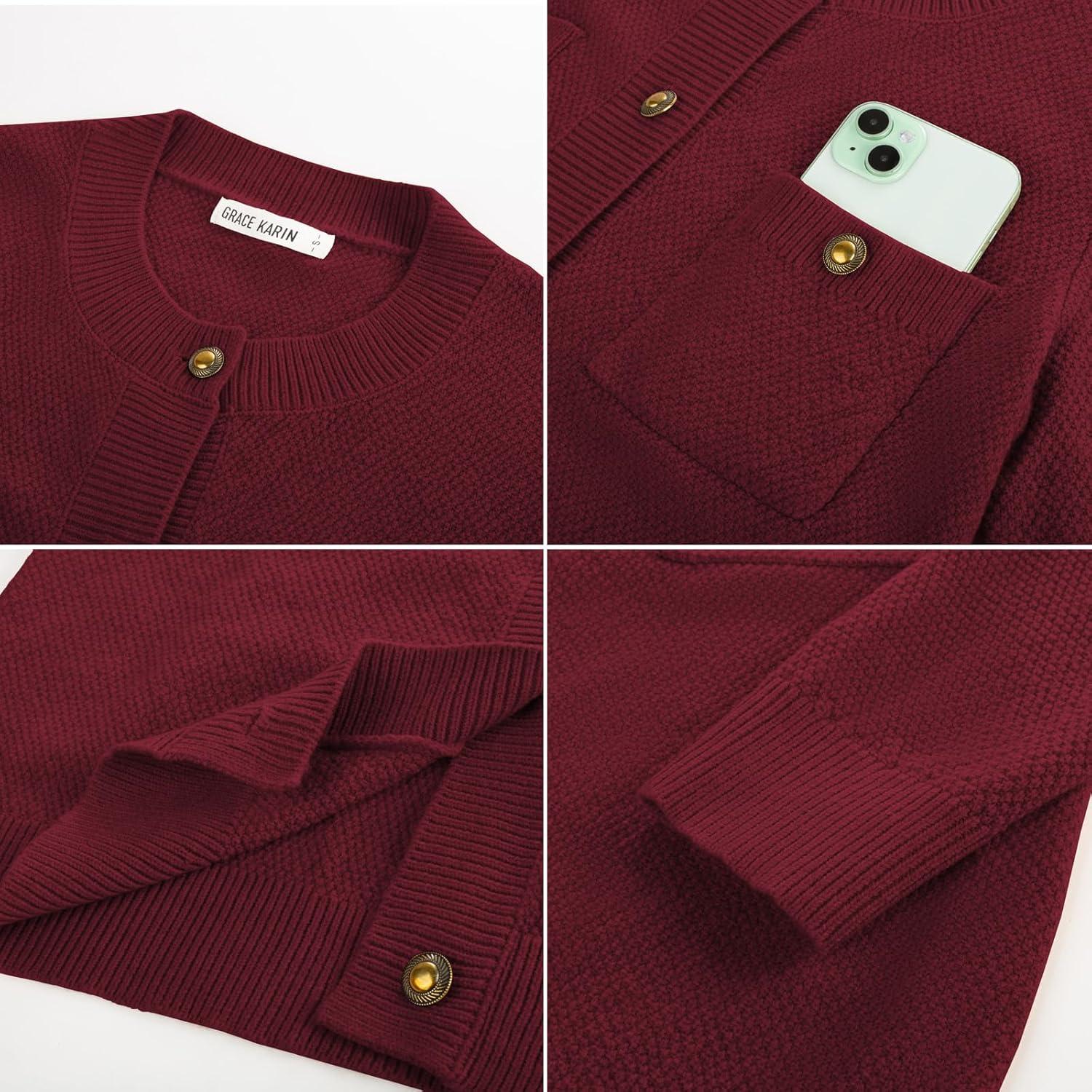 imageGRACE KARIN Women 2025 Tweed Cardigan Sweaters Casual Lightweight Cropped Cardigan Early Fall Fashion Knit Blazer OutfitsBurgundy Red