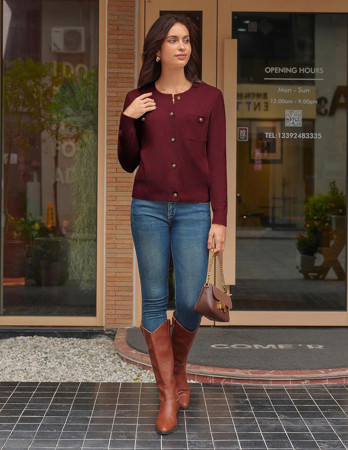 imageGRACE KARIN Women 2025 Tweed Cardigan Sweaters Casual Lightweight Cropped Cardigan Early Fall Fashion Knit Blazer OutfitsBurgundy Red