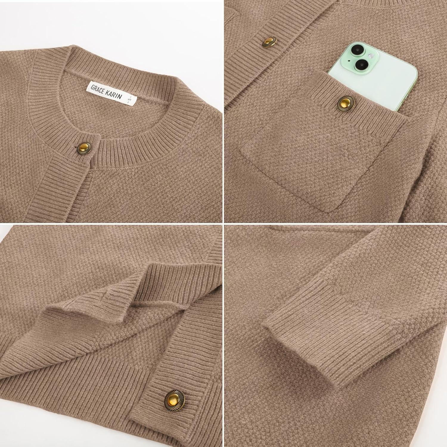 imageGRACE KARIN Women 2025 Tweed Cardigan Sweaters Casual Lightweight Cropped Cardigan Early Fall Fashion Knit Blazer OutfitsCamel